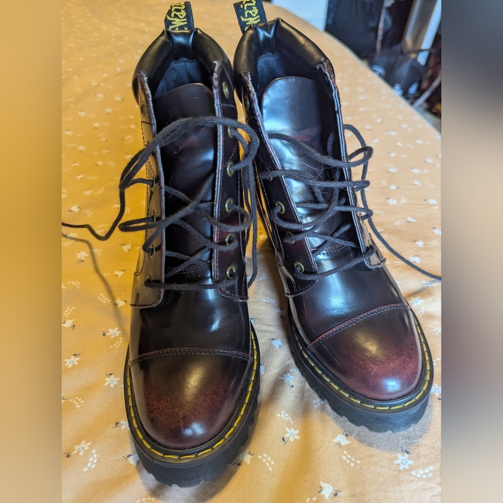Dr. Martens Women's Burgundy Patent Leather Platform Ankle Boots - Picture 3 of 12